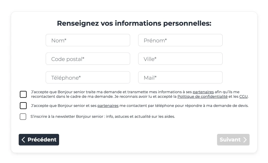 capture d'écran d'un bloc pour renseigner ses informations